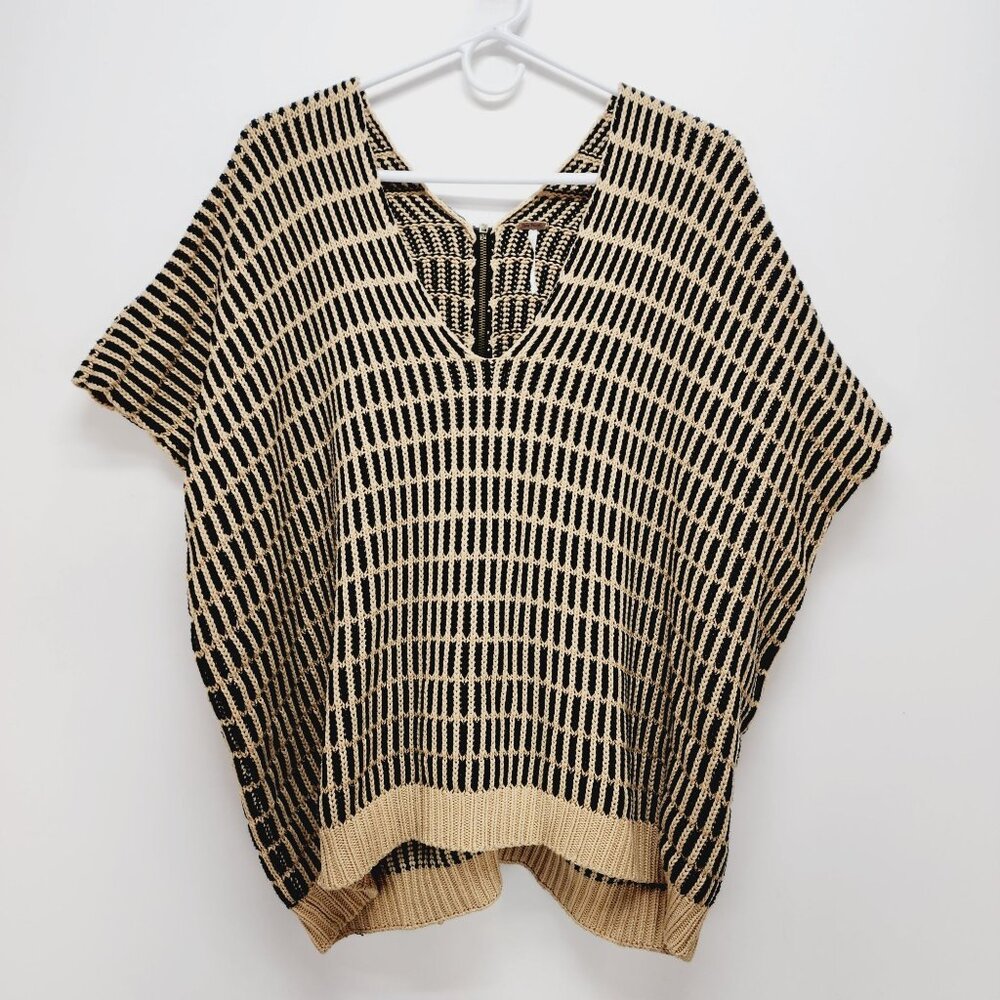 Free People Poncho Sweater Womens V -Neck Knit zipper back Black & Beige S/P - Picture 2 of 13